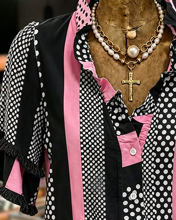 Shirt Stip Contrast Patchwork Ruffle