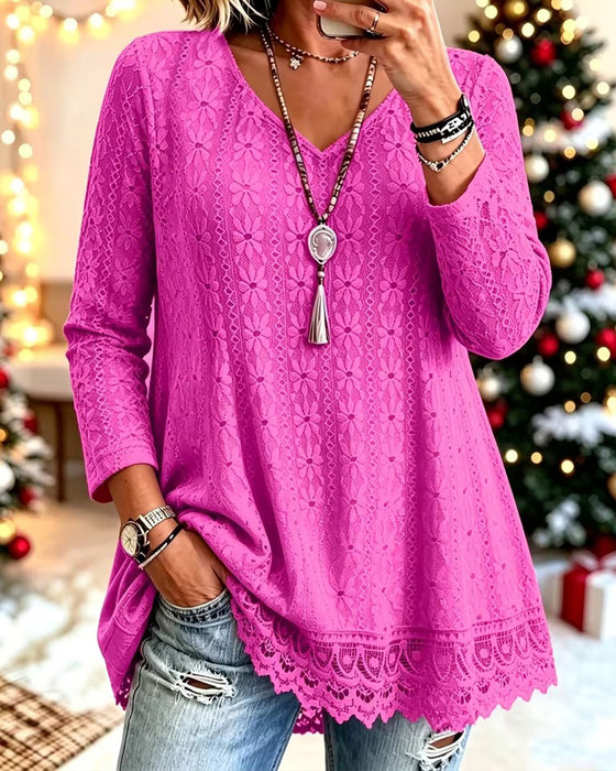 Top V-Hals Kant Patchwork Uitlopend