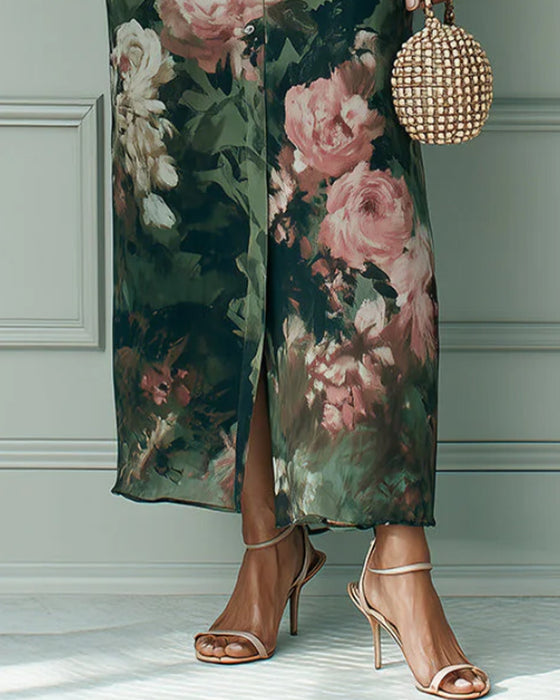Jurk Mouwloos Bloemen Opstaande Kraag Shirt