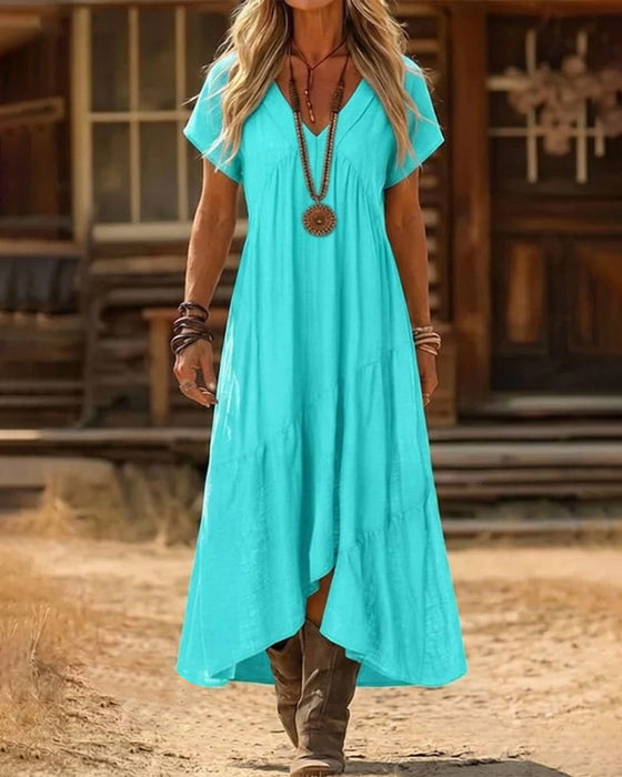 Jurk V-Hals Hoge Taille Volle Rok Effen