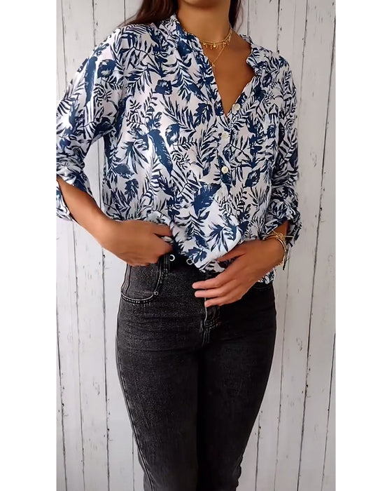 Casual blouse met bladerprint, V-hals en knoopsluiting met negenkwartmouwen