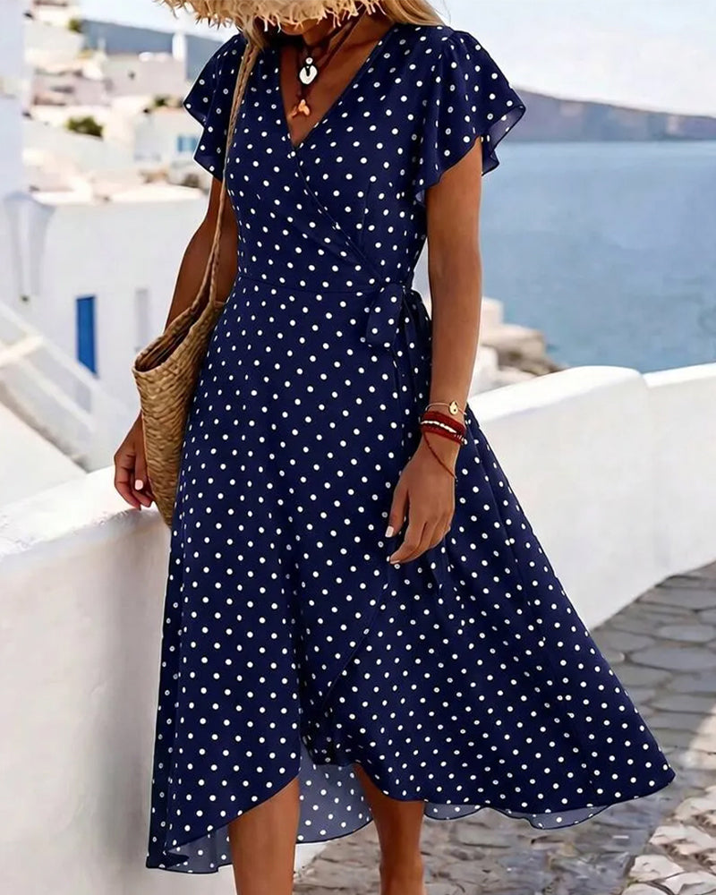 Jurk V-Hals Stipje Ruffle Taille