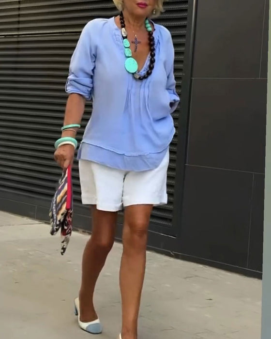 Blouse V-Hals Gerimpeld Paneel Relaxed