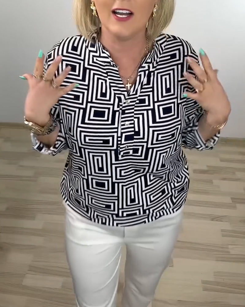 Overhemd Geometrisch Half-Open Kraag Driekwart Mouw