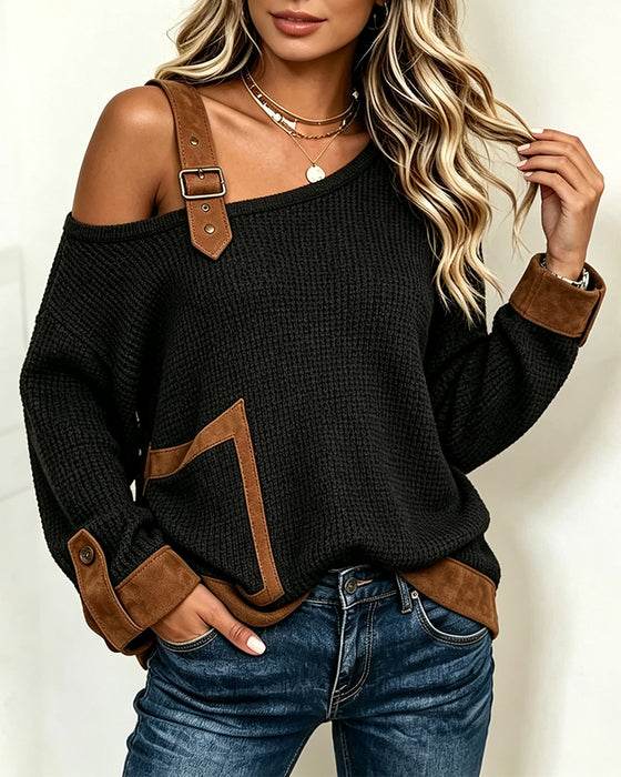 Blouse Off-Shoulder Asymmetrische Hals Spliced