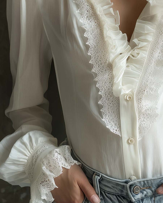 Blouse Staande Kraag Kant Patchwork