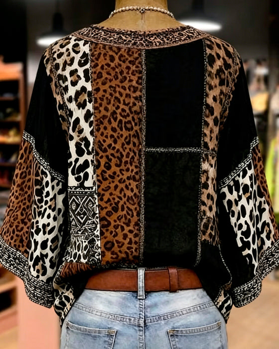 Blouse Luipaard Patchwork Lantaarn Mouw