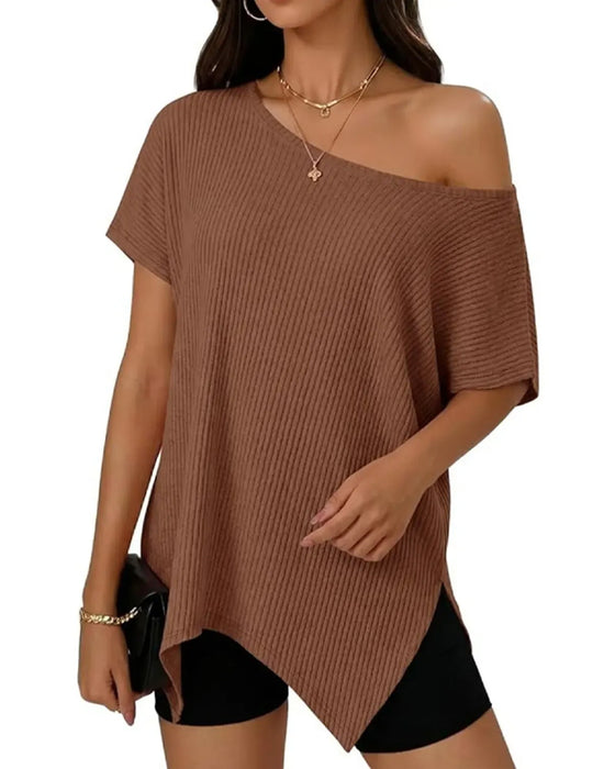 T-Shirt Onregelmatig Off-Shoulder Korte Mouw Geribbeld