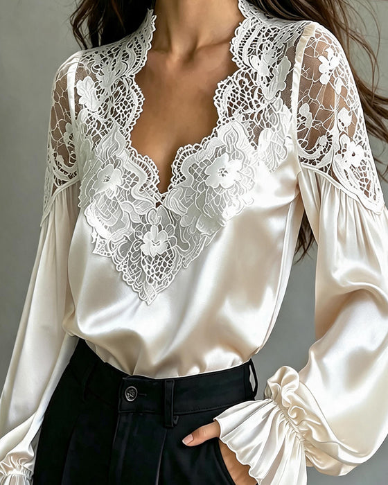 Blouse V-Hals Ruffle Kant Uitsnede