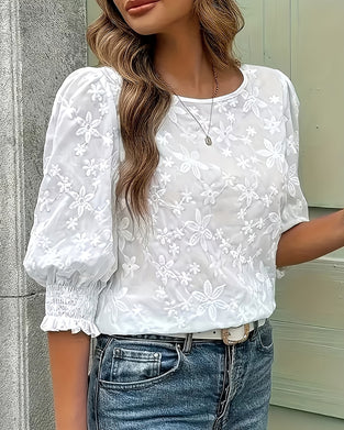 Blouse Ronde Hals Pofmouw Driedimensionaal Bloemig