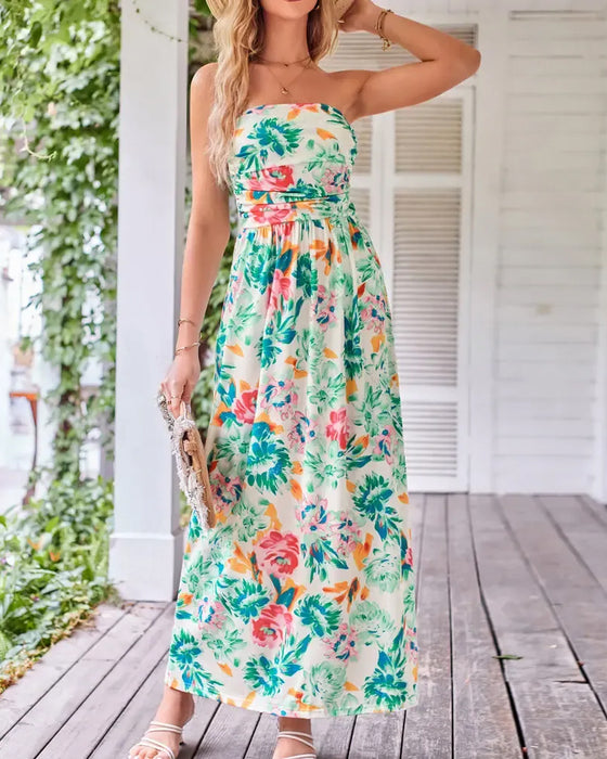 Jurk Bloemen Strapless Taille A-Lijn