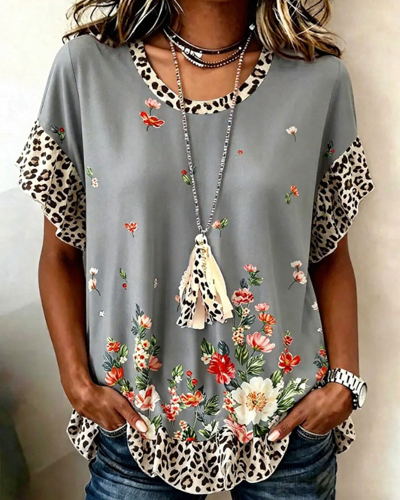 T-Shirt Luipaard Patchwork Bloemenprint