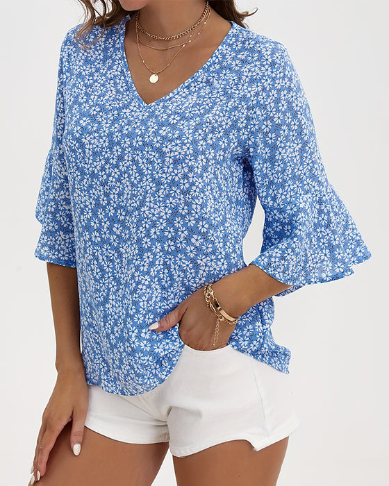 Blouse V-Hals Floraal Vlinder Mouw