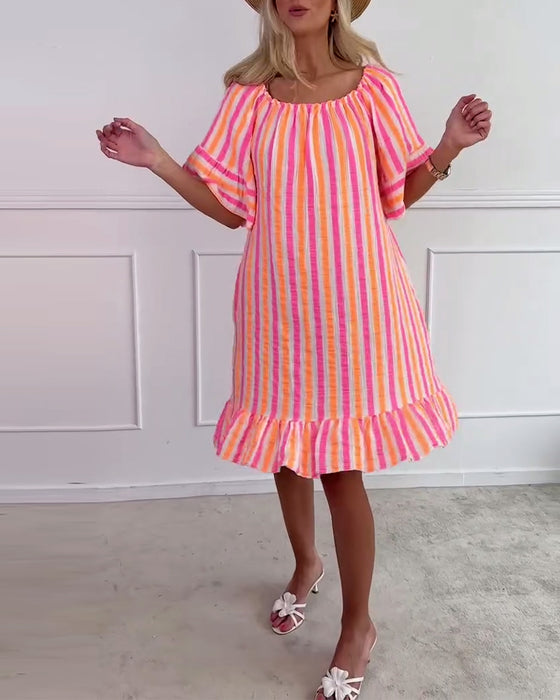 Jurk Ronde Hals Gestreept Geplooid Shift