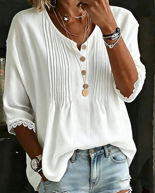 Blouse Geplooid Knoop Kantenrand