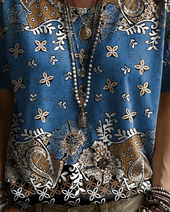 T-Shirt Vintage Bloemen Kleurblok Ronde Hals