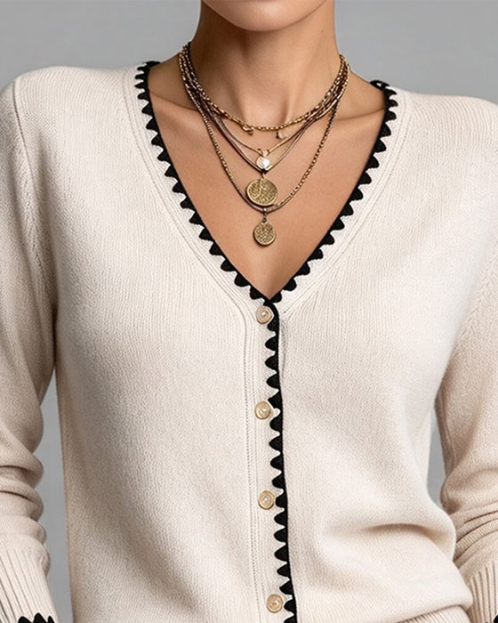Cardigan V-Hals Knoopsluiting Contrast
