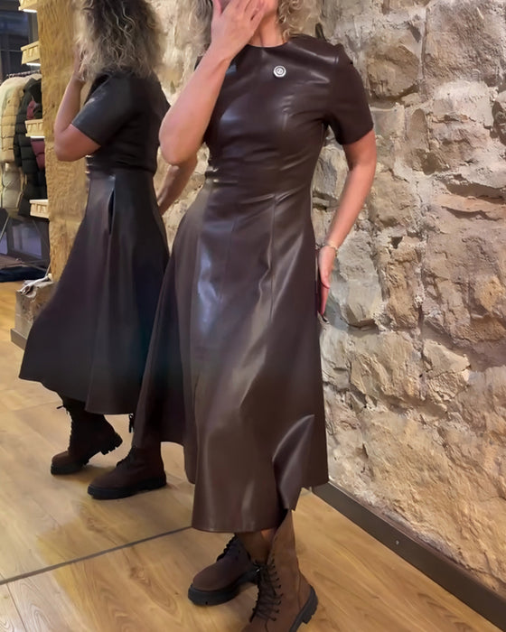 Jurk Pu Leren Getailleerd Korte Mouwen