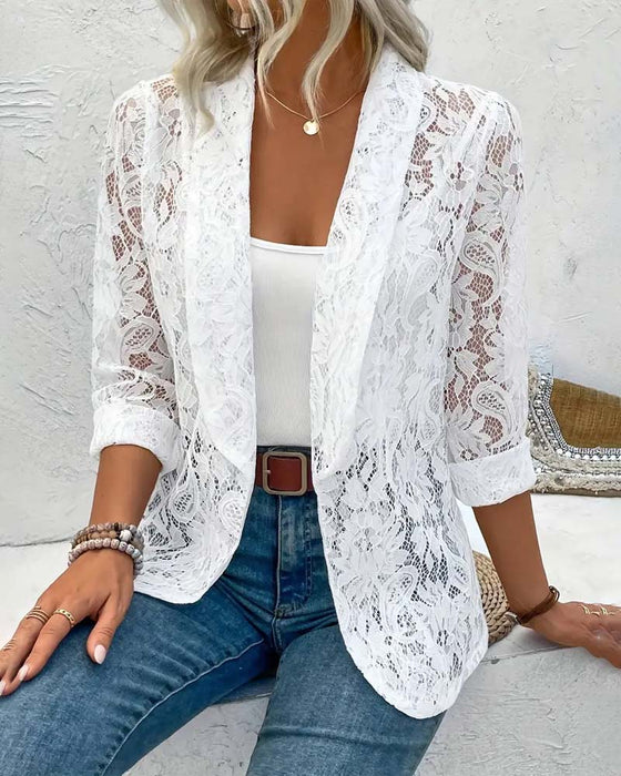 Effen kleur elegante jas met bloemenkant en revers