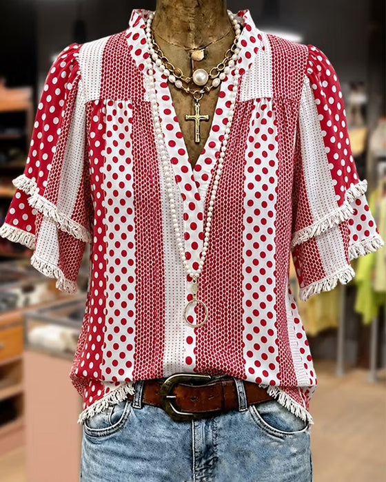 Blouse V-Hals Stipje Franje Patchwork