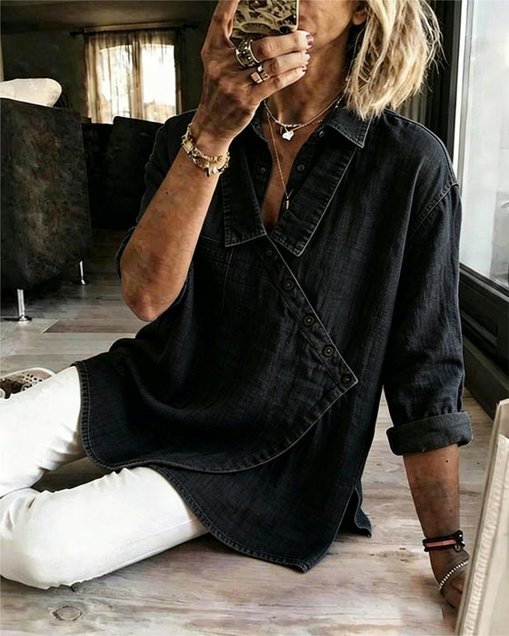 Blouse Effen Diagonale Knoop Knoopsgat Langmouw