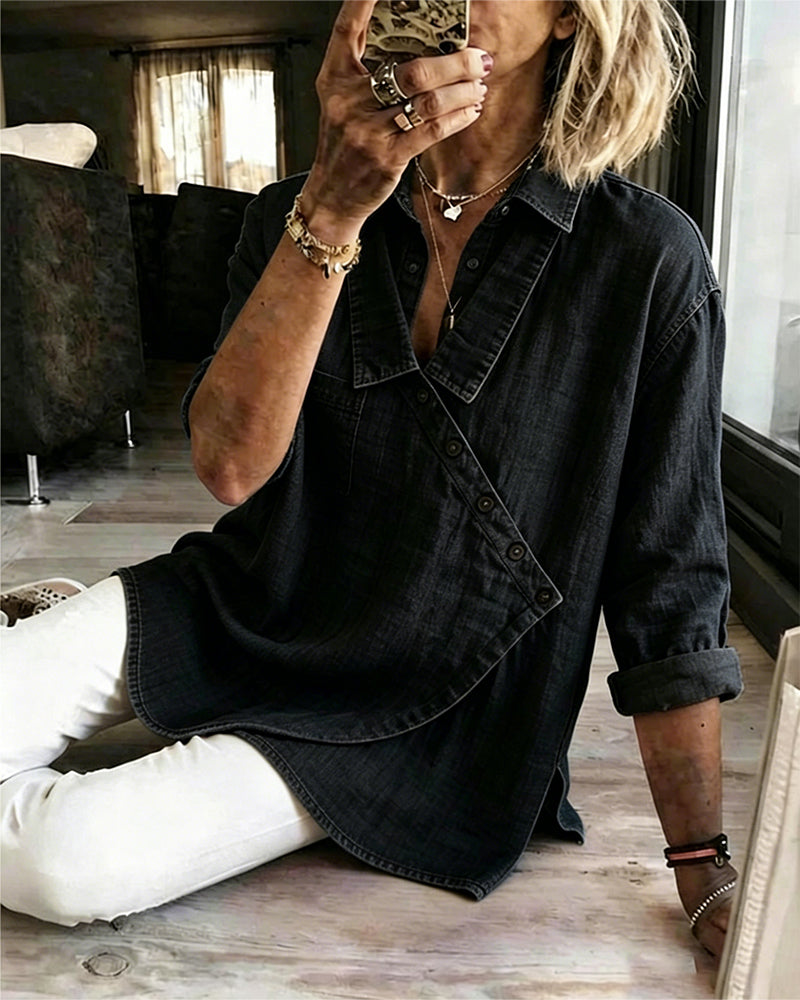 Blouse Effen Diagonale Knoop Knoopsgat Langmouw