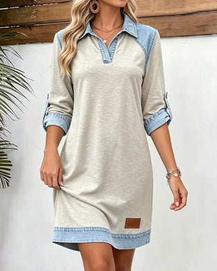 Jurk Denim Patchwork Polo Kraag Lange Mouw