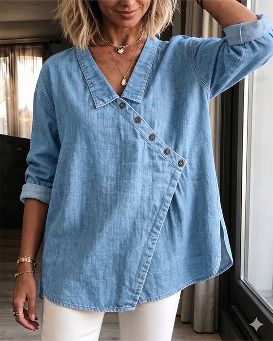 Blouse Effen Diagonale Knoop Knoopsgat Langmouw