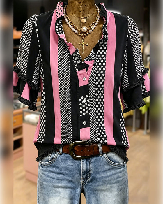 Shirt Stip Contrast Patchwork Ruffle