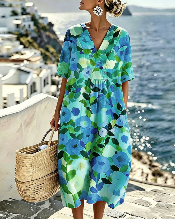 Jurk Aquarel Bloemen V-Hals