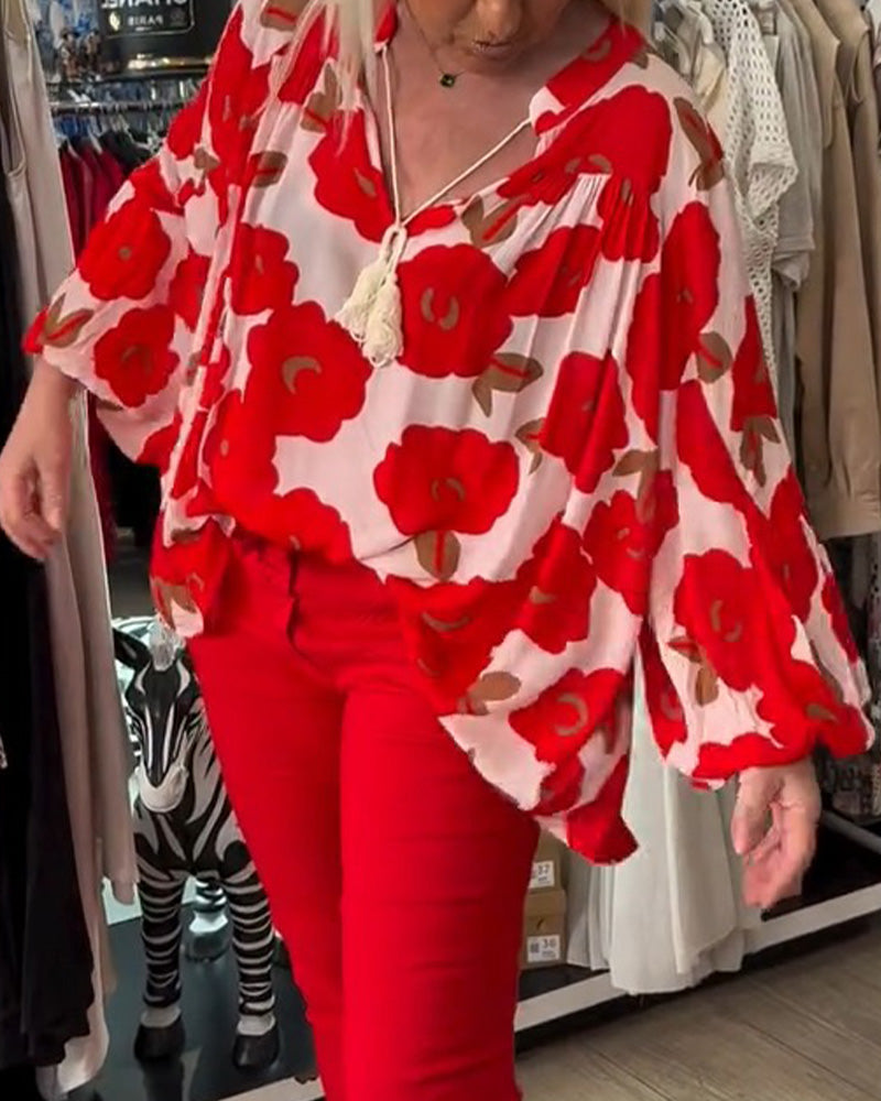 Blouse Grote Bloem Strik V-Hals