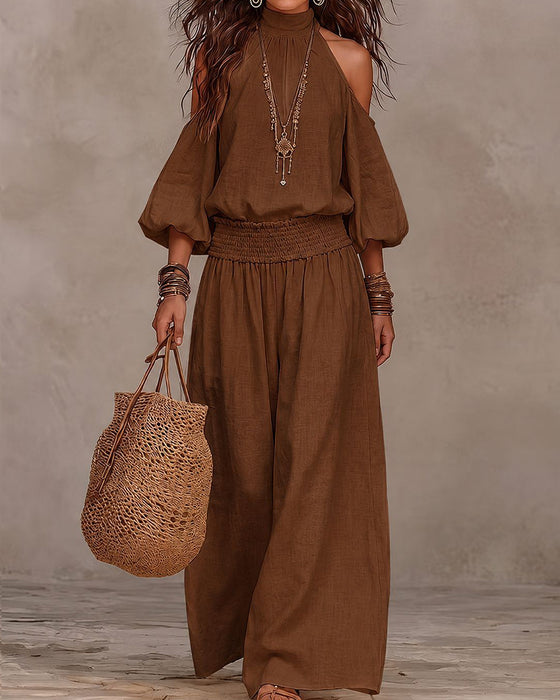 Set Off-Shoulder Lange Mouw Gerimpelde Broek