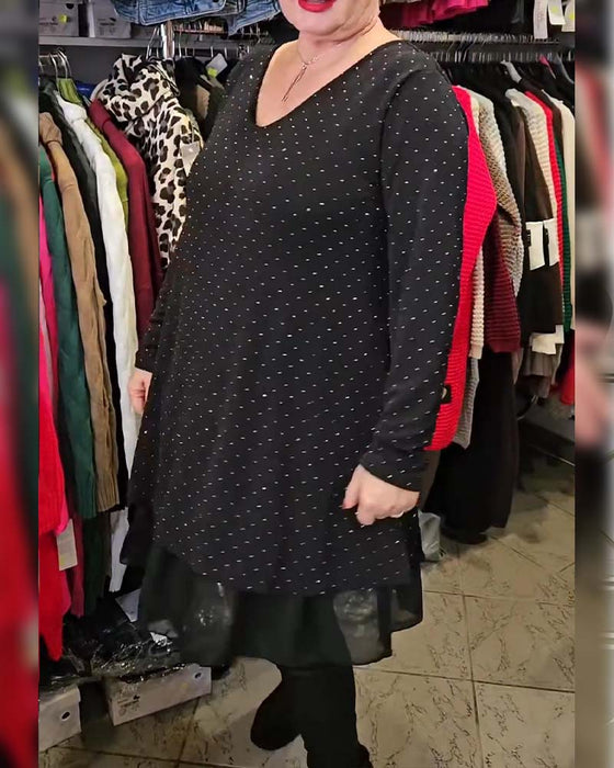 Jurk V-hals Fijn Glitter Mesh Patchwork Loose