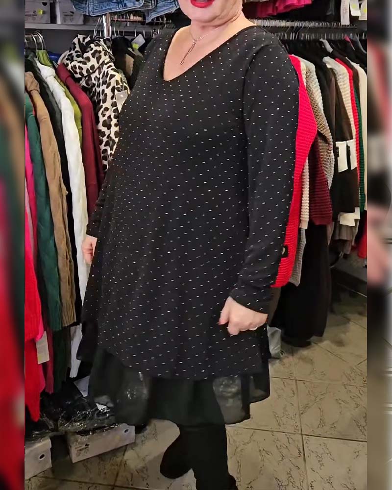 Jurk V-hals Fijn Glitter Mesh Patchwork Loose