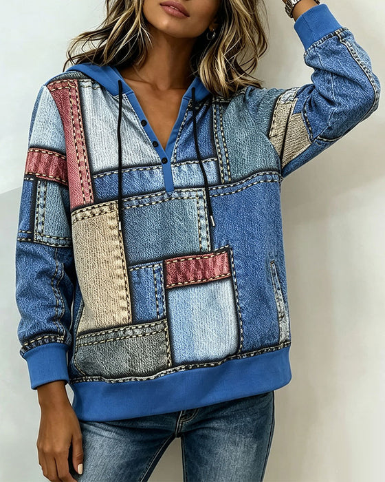 Hoodie V-Hals Kleurblok Knoop