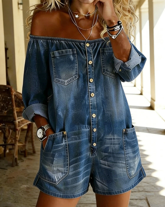 Korte Jumpsuit Denim Off-Shoulder Casual
