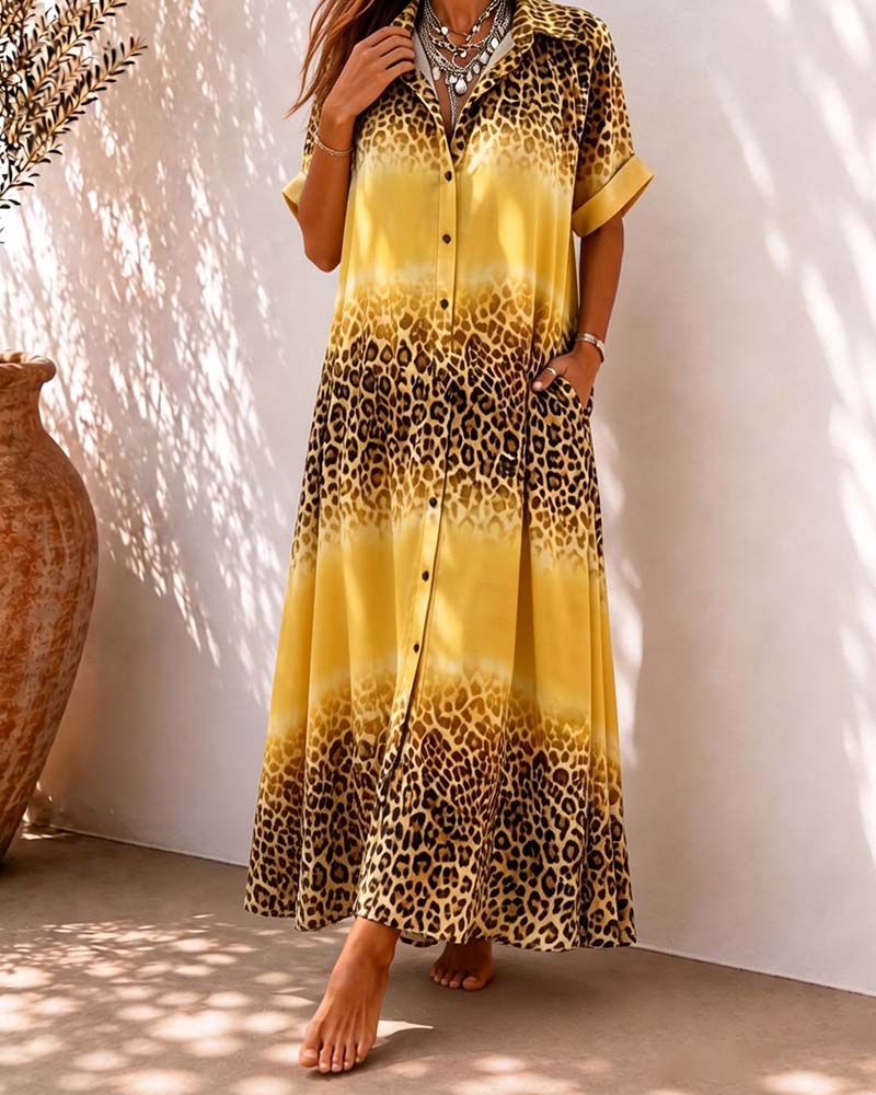 Jurk Kraag Luipaard Print Gradient Overhemd