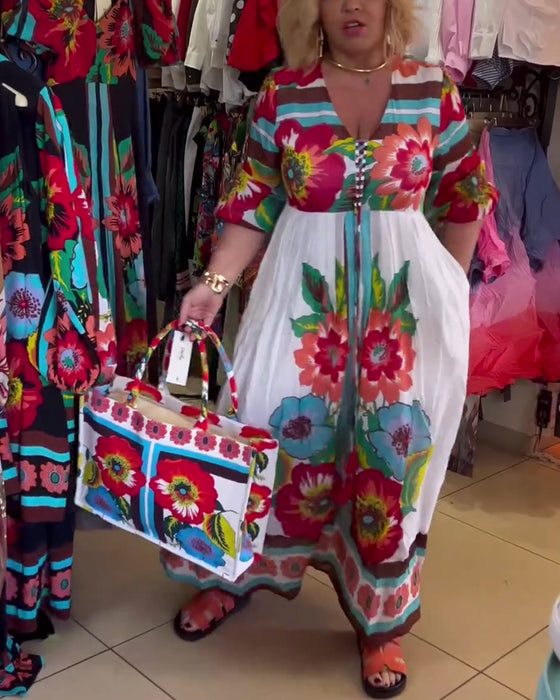 Diepe V losse casual bloemenjurk