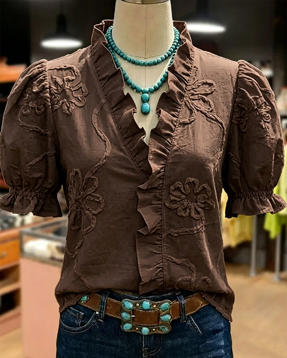 Blouse V-Hals Ruche Rand Pofmouw
