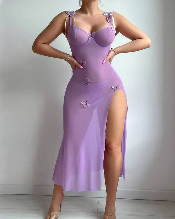 Mesh-Vlinder Jurk Met Hoge Split En Draagbanden