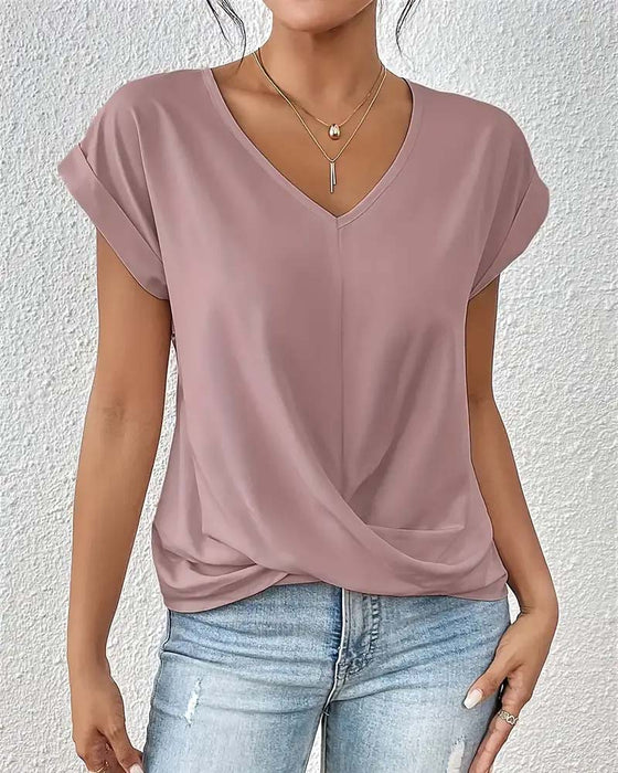 T-shirt V-hals Effen Kleur Elegante Korte Mouwen