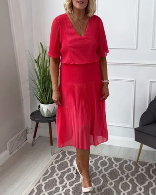 Casual effen geplooide jurk met V-hals en halve mouw