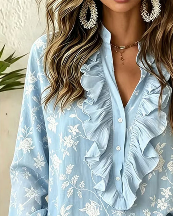 Blouse Knoop Voor Ruffle V-Hals Pofmouw
