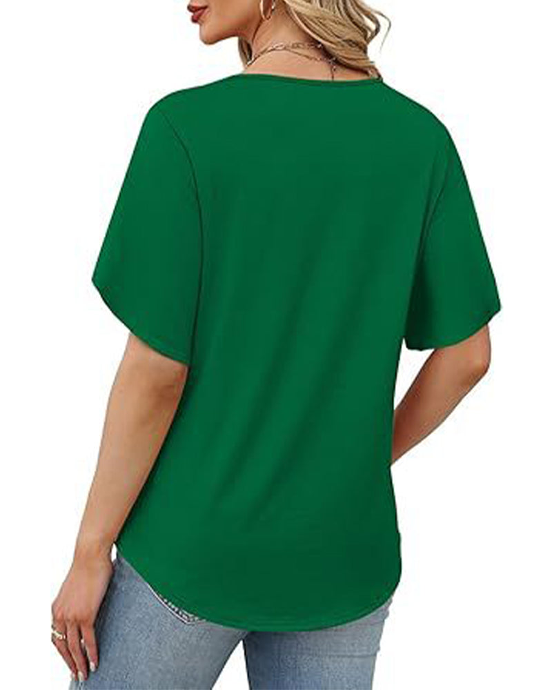 T-Shirt V-Hals Kleine Split Korte Mouw Effen