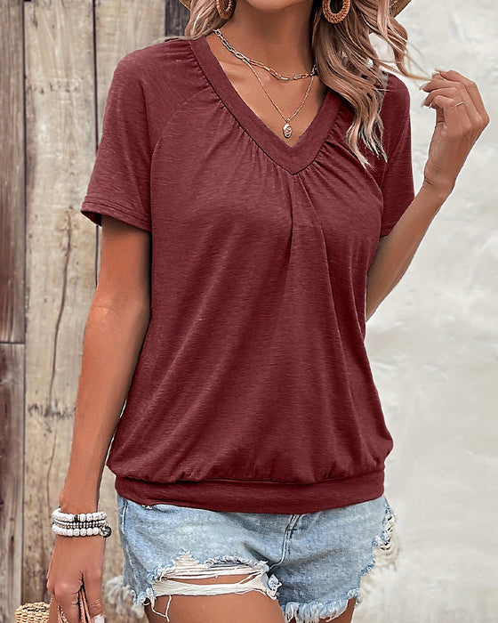 T-Shirt Casual Geplisseerd V-Hals
