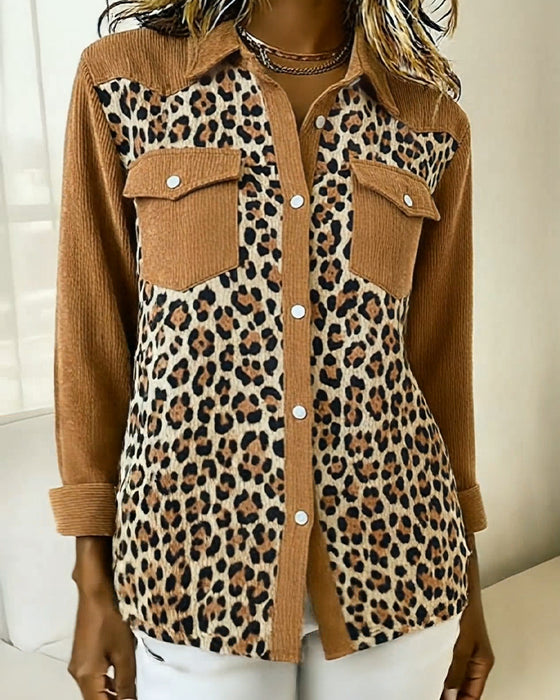 Langmouwig Shirt Met Leopardprint En Patchworkdetails