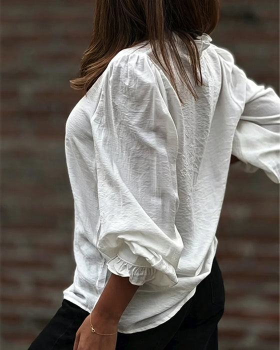 Blouse V-Hals Knoop Voor Ruffle Pofmouw