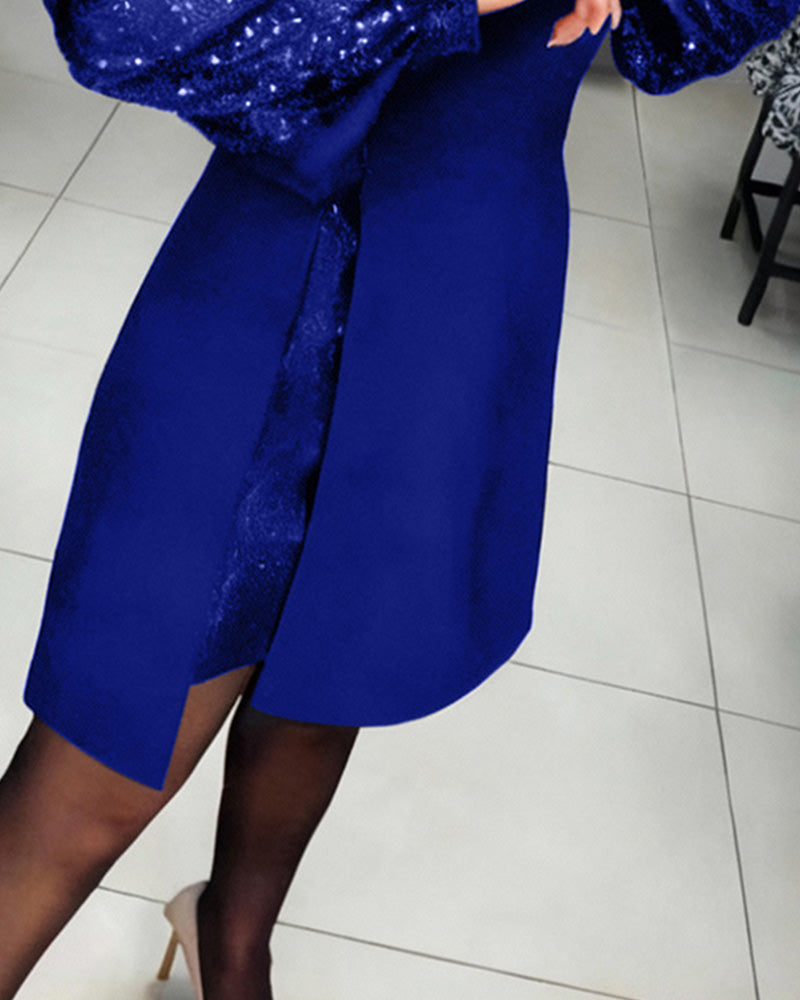 Elegante Jurk Met Pofmouwen En Patchworkdetails