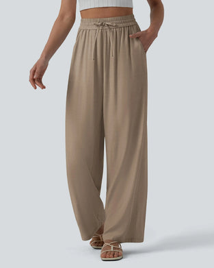 Broek Elastische Taille Breed Been Stropdas Casual
