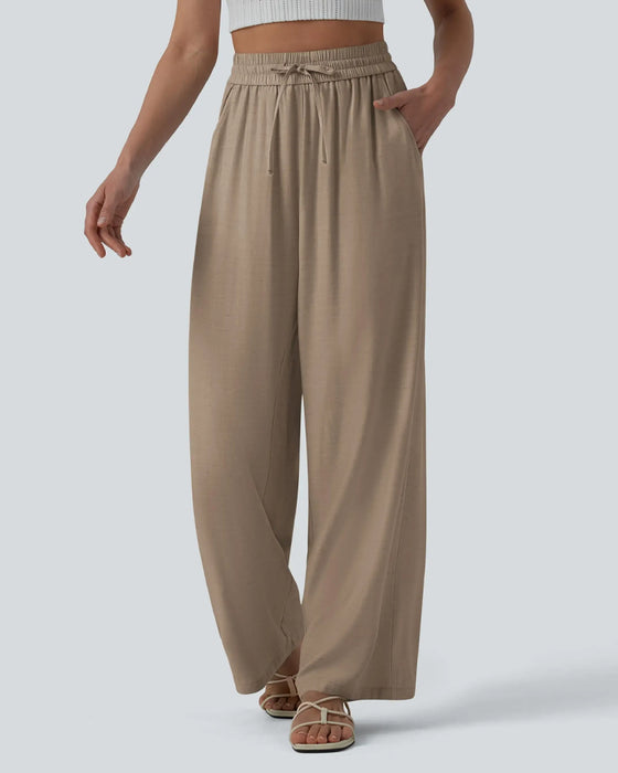 Broek Elastische Taille Breed Been Stropdas Casual